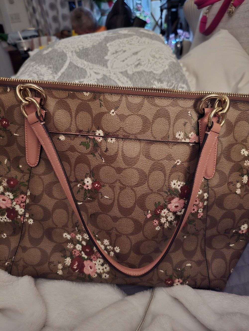 Coach Brown Floral Signature Tote with Pink Handles - Picture 3 of 5
